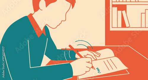 Young student writing in notebook at desk, studying, education concept