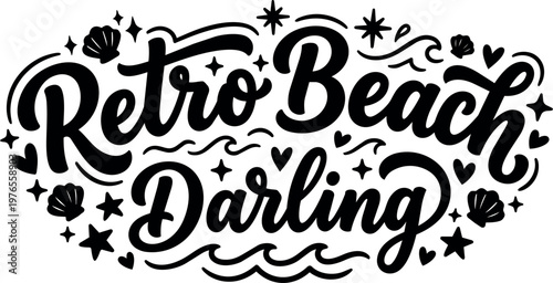 Retro beach darling script lettering with shells hearts and stars vector art