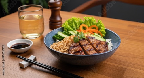 Delicious Vietnamese Grilled Pork Rice Bowl with Fresh Vegetables and Noodles.