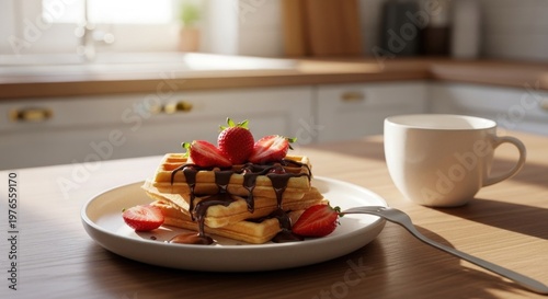 Delicious Waffles with Strawberries and Chocolate Syrup in a Cozy Kitchen Setting.