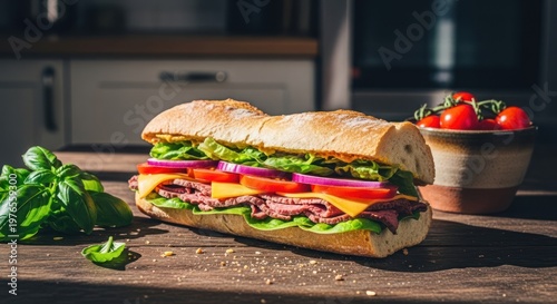 Deliciously Stacked Sub Sandwich with Fresh Ingredients on Wooden Table.
