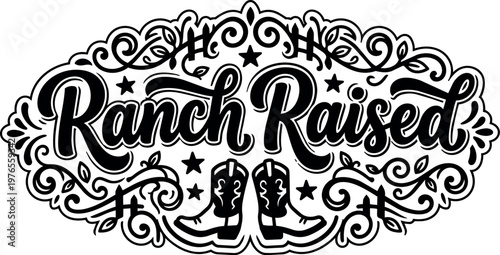 Handwritten ranch raised lettering with swirling floral ornament and cowboy boots black and white vector art