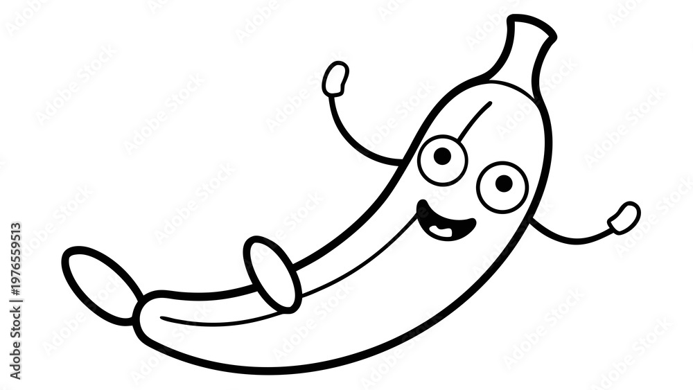 Obraz premium Black and white cartoon banana with a happy face and arms and legs raised.