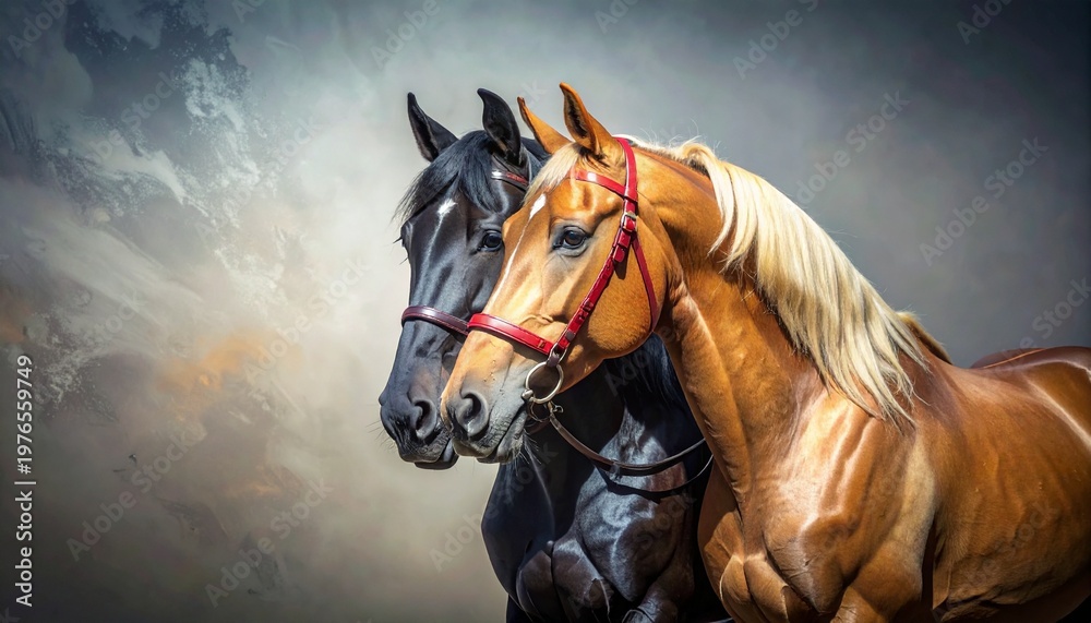 Naklejka premium A striking duo of magnificent horses, one sleek dark and one luminous golden, stand in graceful unity against an epic, cloudy sky, showcasing their powerful bond and regal elegance