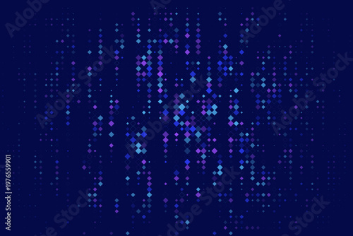 Abstract quantum computing data visualization with glowing blue and purple diamond particles