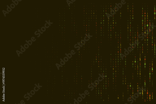 Abstract binary code digital rain representing encrypted data stream and cybersecurity