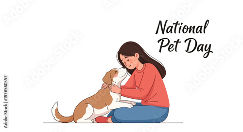 A girl lovingly embraces her beagle in a vector illustration, celebrating National Pet Day with a warm, affectionate scene against a clean white backdrop conveying pet companionship