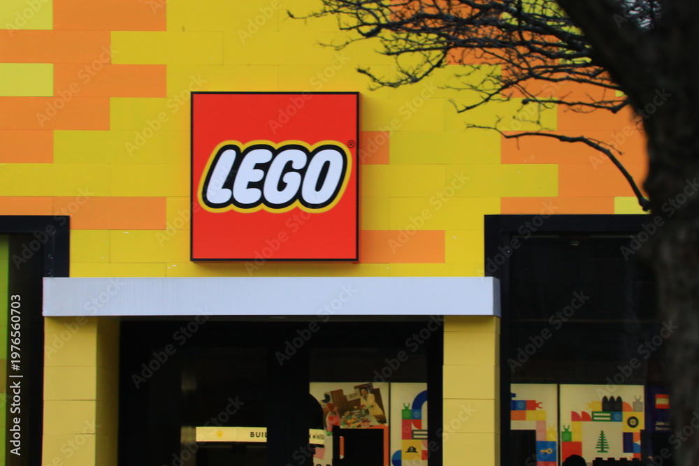 Fototapeta premium LEGO toy storefront. Lego was founded by Ole Kirk Christiansen in Denmark. 