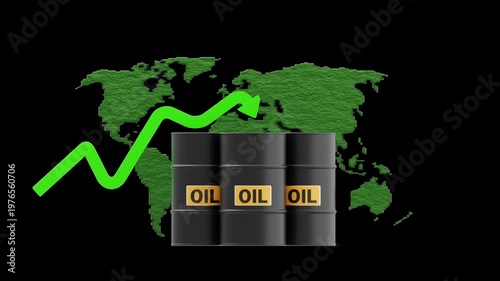 3D Oil Barrels on World Map with Rising Economic Graph | Alpha Channel