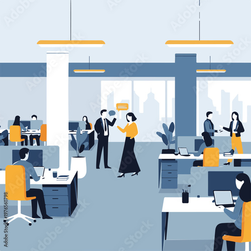 Diverse professionals collaborating and working in a modern open-plan corporate office, business concept