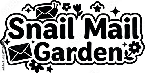 Black and white snail mail garden lettering with envelopes flowers and stars