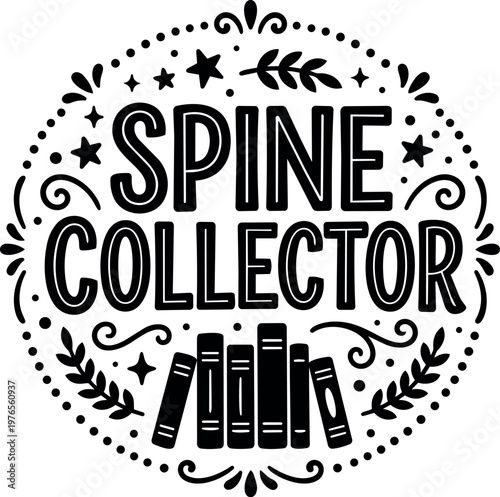 Black and white spine collector text with books and ornamental frame vector art