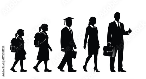 Dynamic vector illustration portraying the journey of personal growth and professional development through various stages from student to successful adult career.