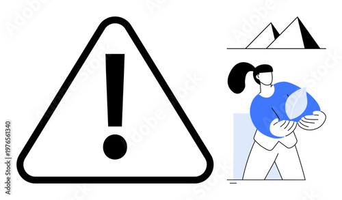 Safety measures, sustainability, environmental protection, caution, eco-awareness, health alerts. A warning sign with an exclamation mark next to a woman holding a leaf. Safety measures