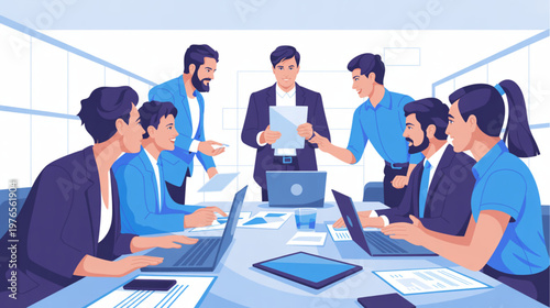 Business team meeting, office collaboration, corporate strategy, modern workplace