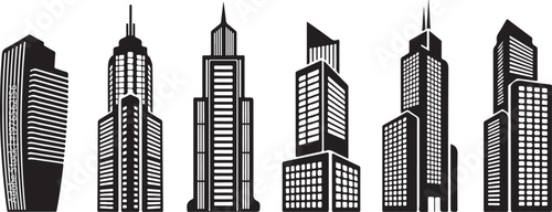 A row of modern city skyscrapers with various architectural details and window patterns