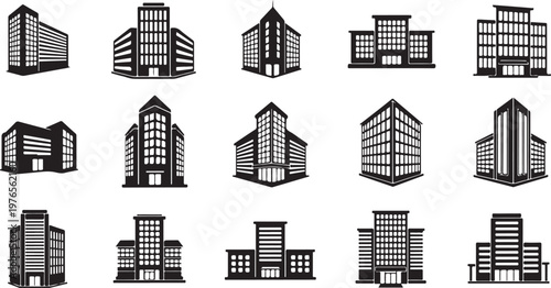 Schilderij op canvas Black and white city buildings with many windows icons  urban architecture symbo