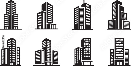 Set of modern city buildings and skyscrapers in black silhouette on white background