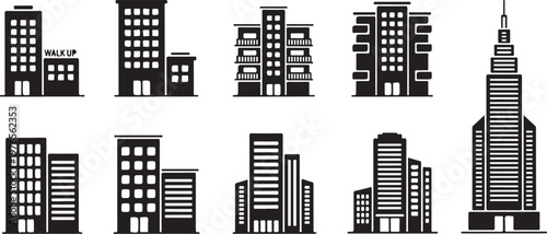 Set of city buildings and skyscrapers in black silhouette on white background