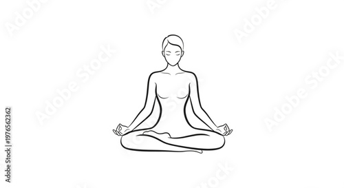 Woman meditating in lotus position yoga practice mindfulness and relaxation serene atmosphere black line art on white background