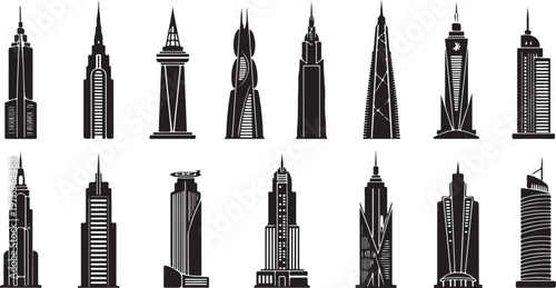 Set of modern city skyscrapers and highrise buildings silhouettes