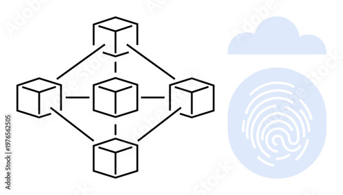 Blockchain, cybersecurity, identity verification, decentralized data, digital protection, cloud storage. Networked cubes connecting, fingerprint on cloud. Blockchain and cybersecurity theme