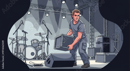 Male stage technician carrying a large monitor speaker onstage.