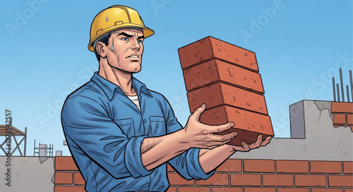 Construction worker holding stacked bricks wearing hardhat and work shirt.