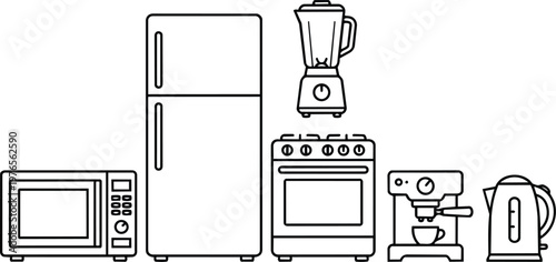 Black and white line art kitchen appliances microwave refrigerator blender stove espresso coffee maker kettle