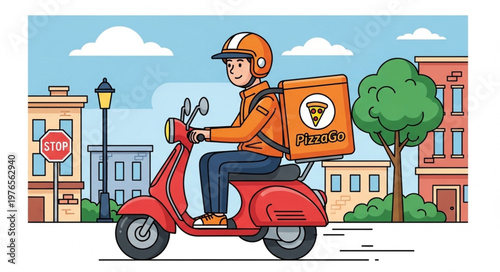 Delivery Rider on Red Scooter with Backpack.