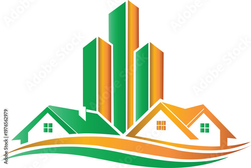 A vibrant and modern real estate logo featuring a colorful city skyline combined with residential homes and flowing landscape elements. The green and orange gradient tones represent growth, sustainabi