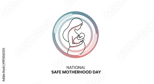 Minimalist vector illustration for National Safe Motherhood Day featuring a pregnant woman holding her newborn child in a circular gradient frame against a clean white background