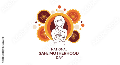 A vector illustration commemorates National Safe Motherhood Day, featuring a stylized mother tenderly cradling her newborn infant against a warm, circular backdrop, symbolizing maternal