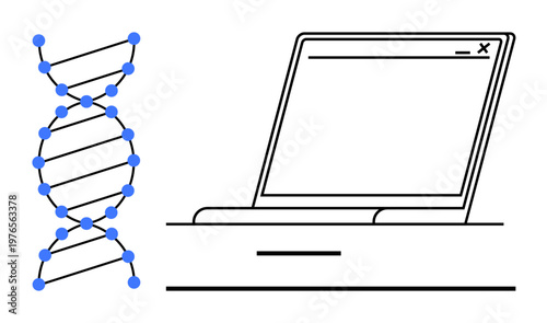 Biotechnology, digital research, computing, innovation, technology integration, data analysis. DNA strand next to a laptop. Biotechnology and digital research concepts