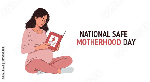 A pregnant woman in pink attire sits reading a book about safe motherhood day against a clean white backdrop, promoting healthy pregnancy and reproductive care with flat vector