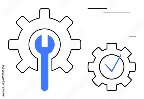 Maintenance, software setup, repair services, system settings, process improvement, functionality. Two cogwheels with a wrench and checkmark. Maintenance and software setup concept