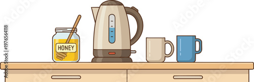 Electric kettle steaming with honey jar and cups on kitchen countertop vector illustration
