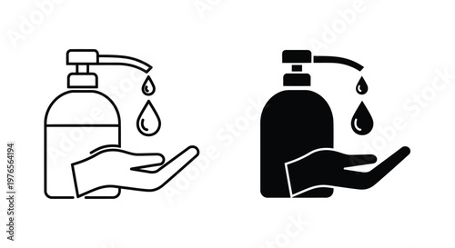 Vector graphic illustration showing a hand receiving drops from a pump bottle, symbolizing personal hygiene and sanitation for health protection, safety, and cleanliness.