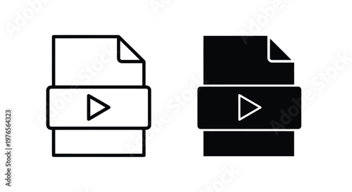 Two distinct vector graphic illustrations presenting a video file icon, showing both an outline and a solid filled glyph design for multimedia content.