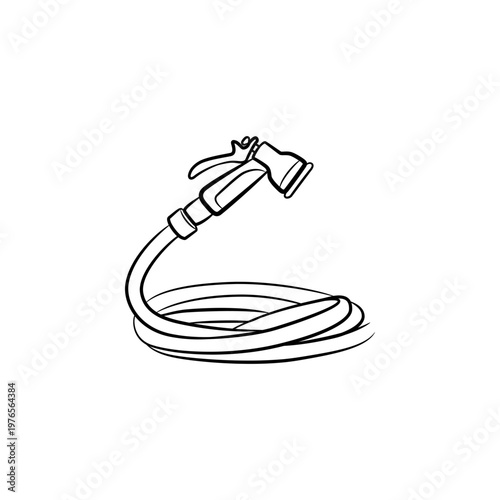 Garden Hose with Spray Nozzle Line Art Illustration
