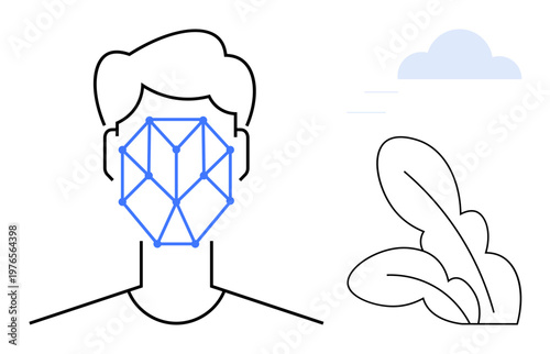 Biometrics, artificial intelligence, identity verification, security systems, privacy, digital authentication. Human figure with geometric lines signifying face recognition. Biometrics and artificial