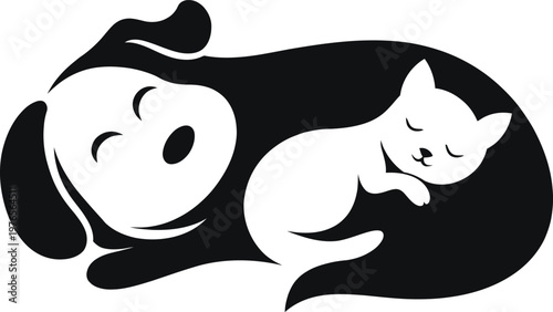 Adorable logo featuring a sleeping dog and cat cuddling together symbolizing love, comfort, friendship, and pet care. Minimal black vector design perfect for pet brands, veterinary services, animal sh