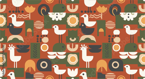 A geometric pattern with birds and floral-like forms