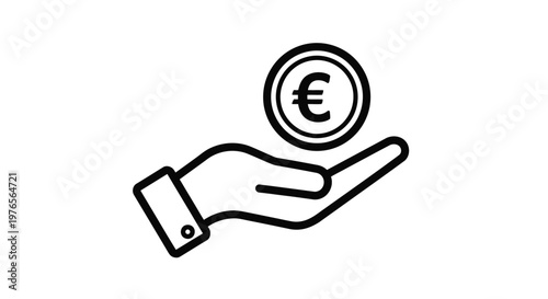 Clean vector illustration of an open human palm holding a single euro coin symbol representing financial investment savings banking wealth prosperity economy and digital currency business