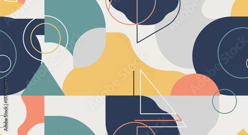 A geometric pattern with overlapping shapes and a muted color palette