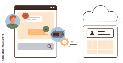 Artificial intelligence, cloud storage, digital communication, user data, online chat, task automation. Interface showing messages, AI robot icon and cloud user profile. AI chat and cloud storage