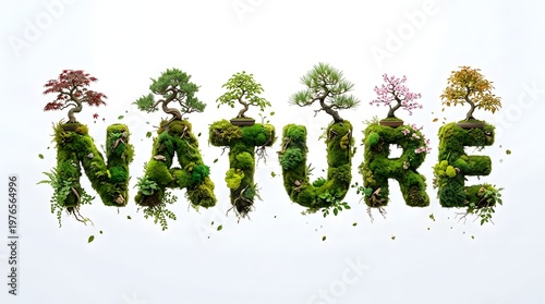 Nature Word Art: The word NATURE creatively formed from moss and small trees, showcasing the beauty of the natural world in a unique artistic representation.