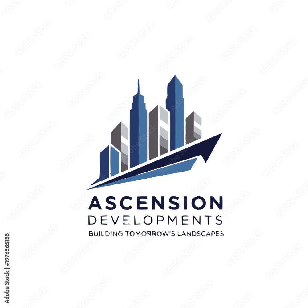 Fototapeta premium Ascension Developments Logo with Modern Skyscrapers and Upward Arrow.