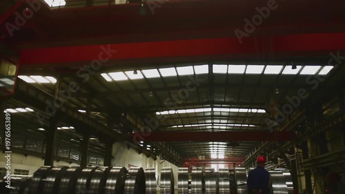 Steel Coil Workshop Actual Shot: Industrial Scene of Crane & Machinery Operation