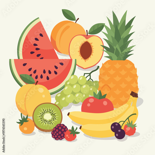 A colorful illustration of several types of fresh, ripe fruit